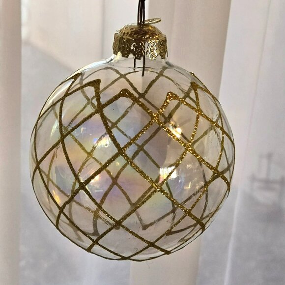 Frontgate Iridescent Glass Christmas Ornaments Set Of 3 Gold Lattice Ribbon 4" - Picture 2 of 7